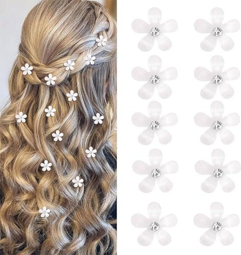 Mezrkuwr 10 Stück weiße Mini Blumen Haarspangen mit Strass, niedliche Haarspangen, Blumen Haarnadeln, dekorative Haarspangen, Hochzeit-Haarspangen, Blumen-Haar-Accessoires