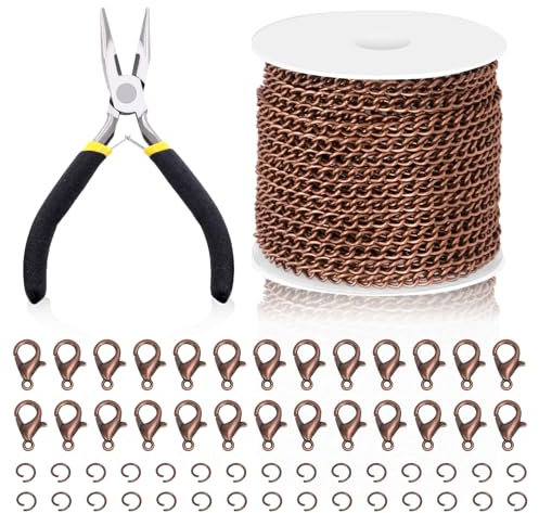 Swpeet 102Pcs Rote Bronze 3mm um 10 Yard Länge Schmuck Herstellung Ketten Kit mit Sprungringen, Hummerverschlüsse und Schmuck Zange, Halskette Ketten Kabel Link Kette Bulk für DIY Kette Herstellung