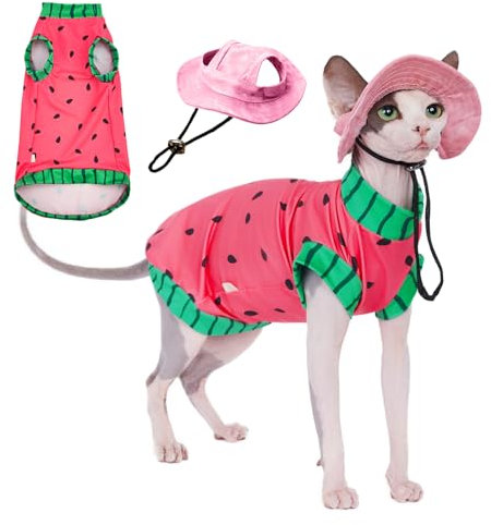 SNIXFEVER Katzen Wassermelonen-Shirt und Sonnenhut für den Sommer, atmungsaktiv, LSF 50+, Shirt für Katzen und kleine Hunde, Größe S (0,9–1,6 kg)