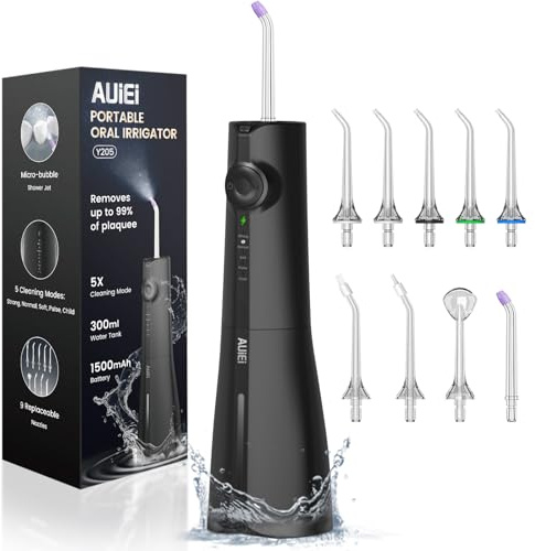AUIEI Water Flosser Teeth Pick: 9 Jet Tips Cordless Oral Irrigator with 300ML, 5 Modes Portable Power Dental Flossers, IPX7 Waterproof Rechargeable Electric Waterflosser Machine for Home Travel, Black