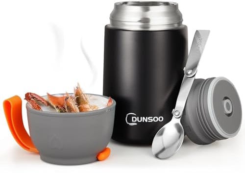 DUNSOO Thermobehälter für Essen 650ml | Wärmebehälter für Speisen Edelstahl mit Faltbaren Löffel | Thermo Lunchbox Ideal für die Aufbewahrung von Suppen, Brei, Eiscreme und Joghurt. (Schwarz)