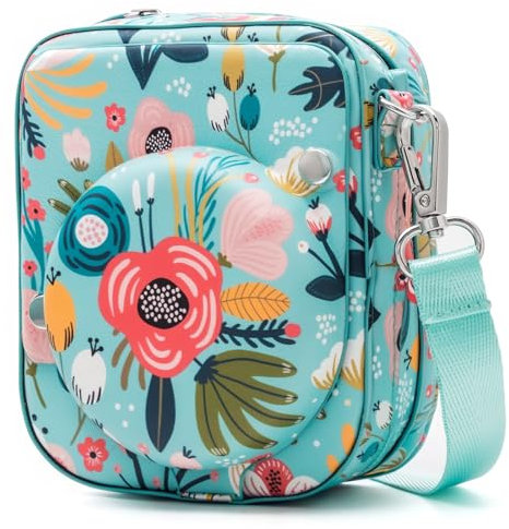 molshine Kamera-Schutzhülle, kompatibel mit Fujifilm Instax Mini 12/11/9/8 Instant,Einteilige Reise-Aufbewahrungstasche im Gepäckstil mit Fototasche und verstellbarem Schultergurt (Grüne Blume)