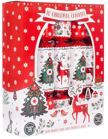 Harvey & Mason Knallbonbons für Weihnachten, skandinavischer Druck, weiß und rot, Festliche Tischdekoration, Weihnachtsbaum, Rentier, 10 Stück
