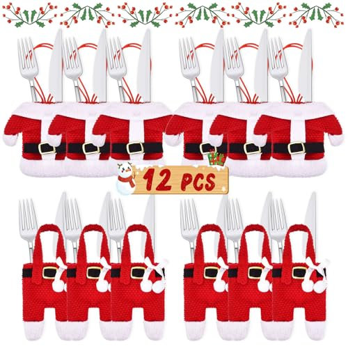 Idota 12 piezas Porta Cubiertos Navidad, Decoracion Mesa Navidad, Porta Cubiertos Disfraz de Papá Noel, Cuchillo Tenedor Decoracion Navidad