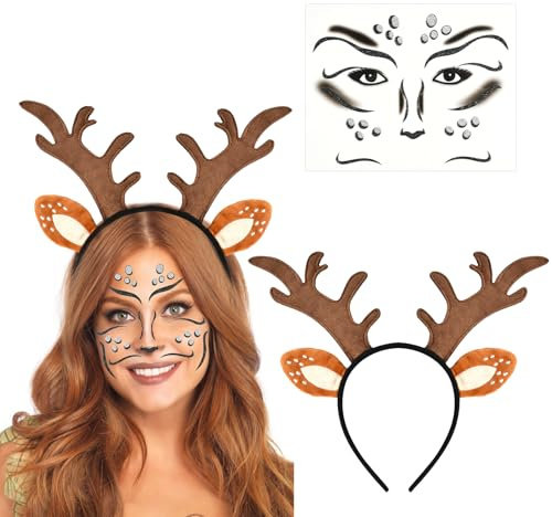 QIZHIQIAMY Geweih Haarreif, Reh Geweih Haarreif, Hirschgeweih Haarreif, Haarreif Reh Kinder, Reh Haarreif Damen, Reh Kostüm Damen mit Reh Tattoo Gesicht für Weihnachten, Karneval, Cosplay