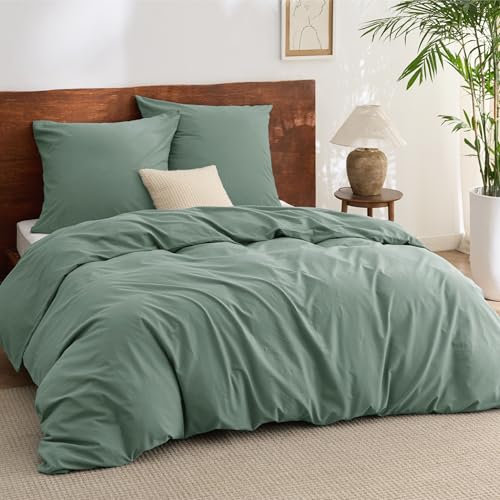 BEDSURE Bettwäsche 155x220 Baumwolle 3teilig - Bettwäsche-Sets Salbeigrün Bettbezug mit 2 Kissenbezüge 80x80 cm, Ähnliche Textur wie Washed Leinen, Oeko-TEX Bedding Grün mit Reißverschluss
