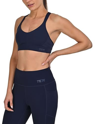 TCA Medium Impact Women's Sports Bra with Removeable Pads, Wireless Seamless Racer Back Support Comfort Adjustable Straps, Activewear Sports Bra for Women - Navy Blazer, L