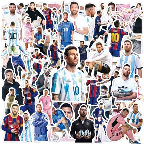 Ainvliya 50 Stück Messi Aufkleber, Fußballstar Aufkleber Wasserfeste Aufkleber Set Vinyl Fußball Aufkleber für Gitarren Auto Gepäck Laptop Aufkleber Jugendliche und Erwachs