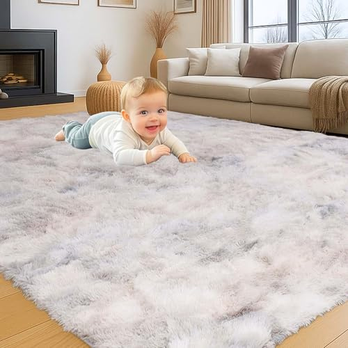 INSPIRE HOMEWARE Teppiche für Wohnzimmer, 120 x 170 cm, weich, flauschig, Batik, Hellgrau, für Schlafzimmer, fusselfrei, moderner Hochflor-Teppich für Wohnzimmer, rutschfest, Kinderzimmer