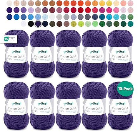 Gründl Laine Cotton Quick uni Fil à crocheter 10 pelotes 50 g, Bleu nuit | laine fine pour crochet – fil à tricoter – fil à crocheter – brillante et douce pour la peau – 100 % coton – 50 g / 125 m