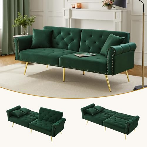DRIXNO Modernes 2-Sitzer-Schlafsofa – Samtbezug, Rückenlehne mit 3-Stufiger Verstellung & vergoldete Metallfüße Stilvolles Sofa mit Schlaffunktion,Antikgrün