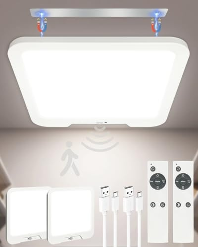 2 Pack Rechargeable LED Ceiling Light for Bathroom, Garage, Loft (Square) | Motion Sensor Shed Light with Remote, 7500mAh Battery Operated, Magnetic Mount, 3 Color Modes, Dimmable Wireless Ceiling Lamp