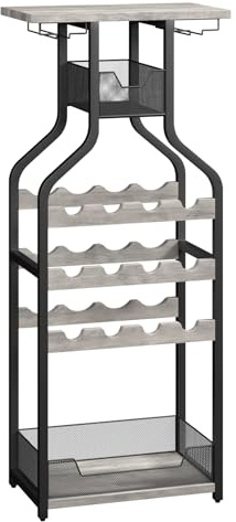 GarveeHome 5-Etagen Weinregal aus Metall & Holz, Weinständer mit Glasaufhänger & Aufbewahrungskörben, Für Küche, Bar & Wohnzimmer, Größe 48 x 27 x 112 cm Gris