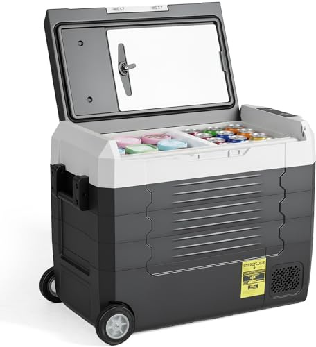 OLIXIS Portable Car Refrigerator, 53QT Dual-Zone Electric Cooler for Vehicles with Wheels & Cutting Board, -4℉-68℉ Freezer Smart Control via Bluetooth, Battery Protection, 12/24V DC & 100-240V AC