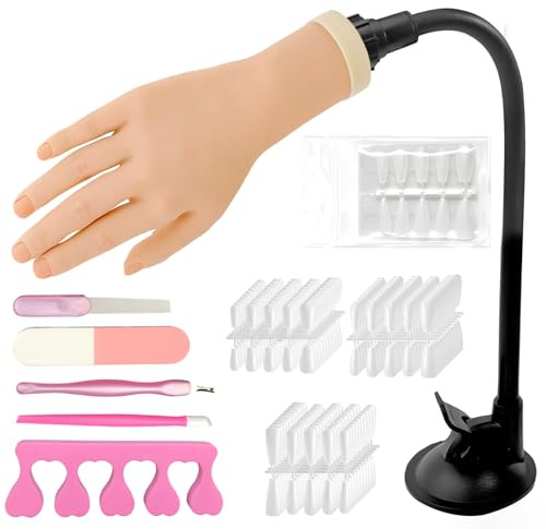Practice Hand for Acrylic Nails Adjustable Silicone Nail Practice Hand with 340 False Nails ＆ Tools Flexible Training Model for Beginners Salon Home DIY Nail Art