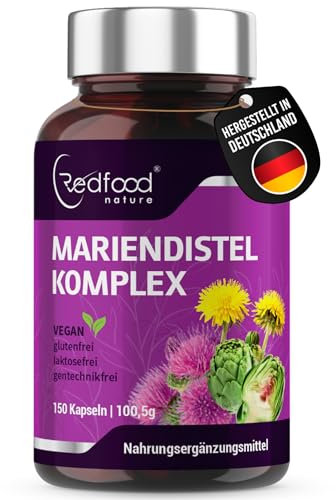 Mariendistel Kapseln - Artischocke, Löwenzahn & Desmodium, Mariendistel Komplex mit 80% Silymarin - 150 vegane Kapseln für 5 Monate - ohne Zusatzstoffe - laborgeprüft - Made in Germany - Redfood®