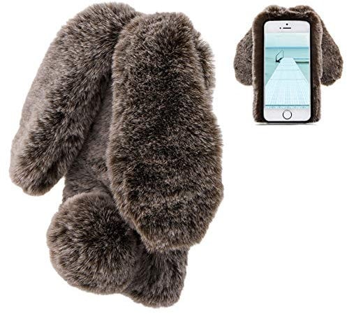 LCHDA iPhone 5 Rabbit Case,iPhone 5S SE Rabbit Fur Case Bunny Ear Phone Case For Girls Fuzzy Cute Warm Winter Soft Furry Fluffy Ball Fur Hair Plush Protective Case Cover With Screen Protector-Brown