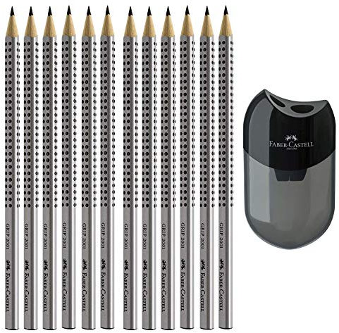 Faber-Castell GRIP 2001 Bleistifte 2B, 2B + Anspitzer, silber, 12 Stück