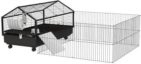 PawHut Small Animal Cage with Foldable Run Area, Rolling Bunny Cage, Guinea Pig Cage with Water Bottle, Water Bowl, and Ramps, 46.5