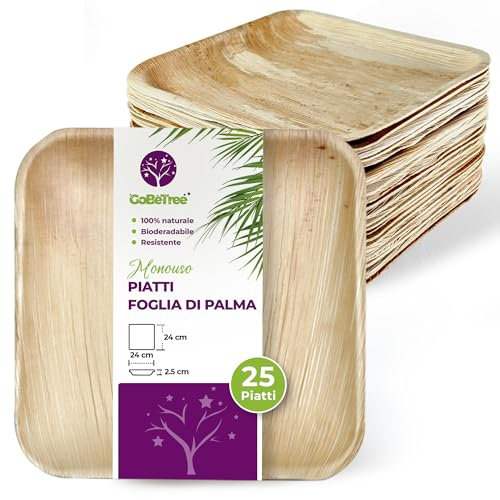 GoBeTree Platos Desechables de Hoja de Palma 25 Platos Cuadrados de 24 cm. Vajilla para barbacoas, picnic y Fiesta de cumpleaños, Similar al bambú, más fuerte que platos de papel