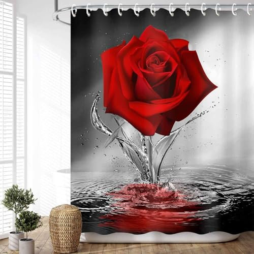 JAWO Rosen-Duschvorhang, romantische Blumenblüte, rote Rose, Reflexion auf Wasser, Stoff-Badevorhang, schwarz und rot, Badezimmervorhang, maschinenwaschbar, 183 x 183 cm