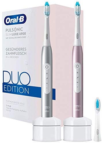 Oral-B Pulsonic Slim Luxe 4900 Elektrische Schallzahnbürste/Electric Toothbrush, Doppelpack 3 Aufsteckbürsten, 3 Putzmodi für Zahnpflege und gesundes Zahnfleisch, Designed by Braun, platinum/rosegold