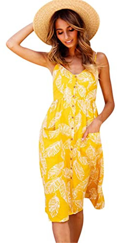 OMZIN Femme Robe Midi Robe De Cocktail Robe D'été Robe De Plage Robe De Vacances Robe A-Line Robe Sexy Vintage Jaune XXL
