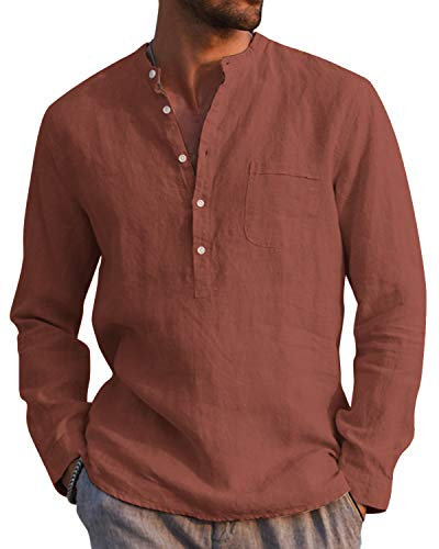 AUDATE Men Henley Neck Roll Up Solid Shirt Long Sleeve Linen Band Collar Shirts Brick M