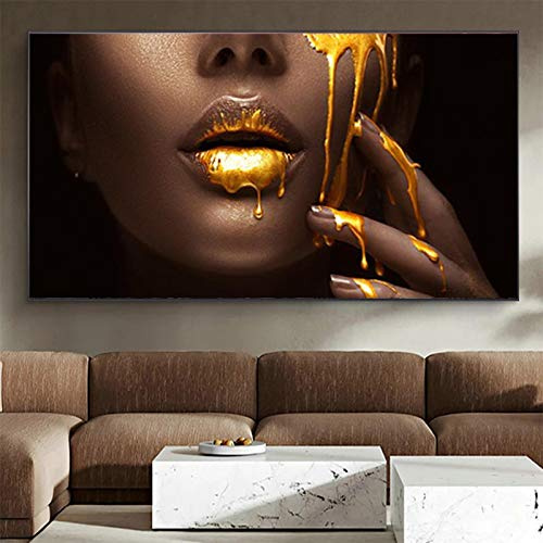 Lèvres d'or toile peinture noir femme africaine visage affiches et impressions mur Art photos pour salon décoration murale 70x120 cm sans cadre