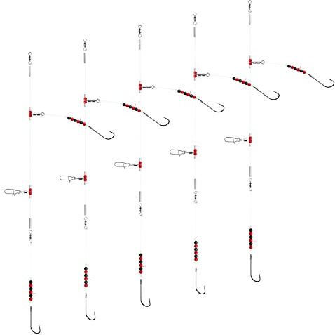 Luroad 5Pcs Sea Fishing Flapper Rigs 2 Hooks, Pre Tie Flatfish Rigs Sea Beach Casting Shore Fishing for Flatfish Sole, Whiting, Flounder, Plaice, Bass (Red Black, 5pcs- Hook size 1/0)