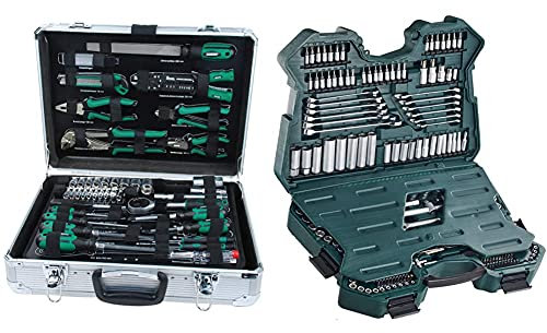 Mannesmann - M29075 - Maletín De Herramientas De Aluminio, Equipado, 108 Piezas+ M98430 - Maletín Con Llaves De Vaso Y Otras Herramientas (215 Piezas, Tamaño: 12X36X51 Cm)