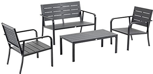 Outsunny Set Mobile da Giardino da 4 Pezzi, Salotto da Esterno con Panchina a 2 Posti, 2 Poltrone e Tavolino, Doghe in Plastica Effetto Legno, Grigio Scuro e Nero
