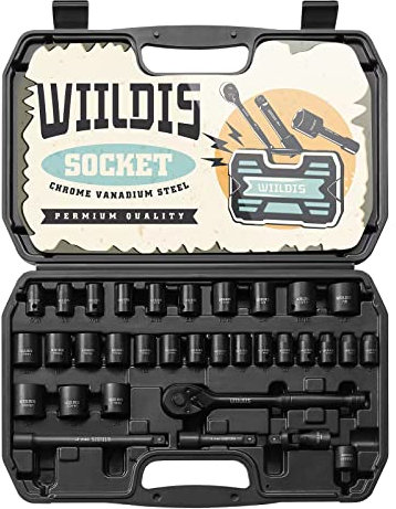 WIILDIS Impact Socket Set, 33-Piece, 3/8 Drive Socket Set with 72 Teeth Reversible Ratchet Wrench, CR-V, 6 Point, SAE/Metric, 5/16 Inch - 7/8 Inch, 6mm - 24mm, Mechanic Tool Kits for Men