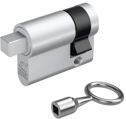 BASI | Vierkant Halbzylinder 10/30 mm mit passenden Dornschlüssel | Vierkant Zylinder | 8 mm außenliegend | für Absperrpfosten Schaukästen Feuerwehr Müllbehälter Schlüsselschalter