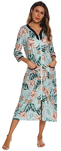 Verve Jelly Women Zipper Front House Coat Half Sleeves Robe Zip up Bathrobes Floral Print Nightgown with Pockets Green L
