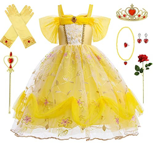 Emin Mädchen Prinzessin Belle Kleid mit Accessoires Kinder die Schöne und das Biest Verkleidung Prinzessin Kostüm Geburtstag Weihnachten Party Halloween Karneval Cosplay Kostüm