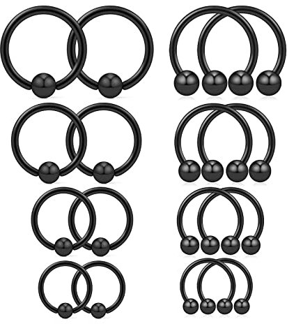Longbeauty 16 Pcs 16G Edelstahl Hufeisen Ringe & Klemmkugelringe Septumring-Set Piercingschmuck Nasen Ohr Augenbraue Zunge Lippe Nippel Helix Tragus für Damen Herren 6-12mm Silber/Rosegold