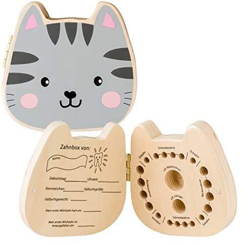 hej kiddo Zahndose Milchzähne | Zahnbox für Milchzähne | Milchzahndose Jungen & Mädchen für erstes Zähnchen | Zahnfee Geschenke Jungen | Milk Tooth Box (Katze)
