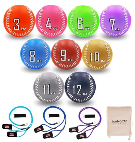 SunNordic Leder-Baseball-Set, 9 Stück (85 - 340 g) mit 25 | 35 | 22,7 kg Widerstandsbänder zum Schlagen, Schlägen, Pitching Übungen, Schlagball Training Softball Basebälle für alle Fähigkeitsstufen