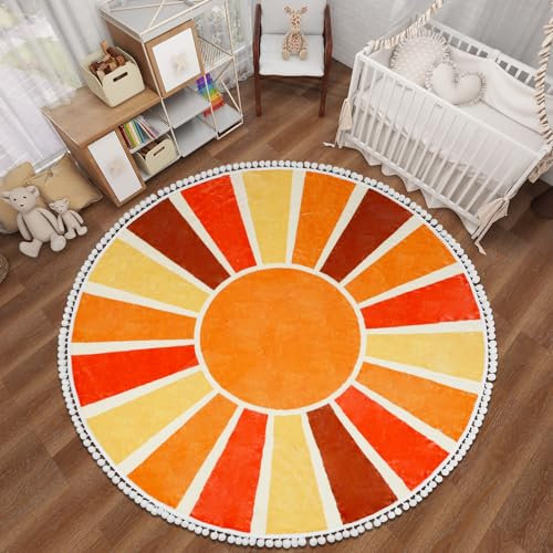 Sun Kinderteppich, 1,6 m, Regenbogen-Kinder-Teppich für Zimmer, rutschfest, waschbar, rund, Kinderspielzimmerteppich, ultraweich, rund, Kinderteppich, farbenfroher Kinderbereich, für Kinderzimmer,