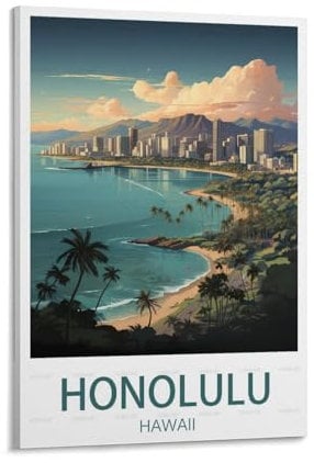 PuPLuM Honolulu Hawaii Vintage-Reiseposter, 20 x 30 cm, Leinwand, Wandkunst, Poster für Wohnzimmer, Dekoration, Gemälde für Heimdekoration