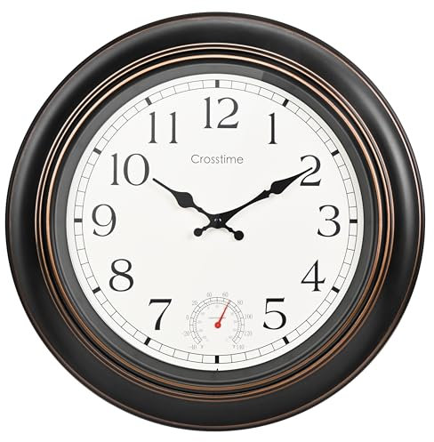 45 cm große Gartenuhr für den Außenbereich, wasserdicht, Retro-Wanduhren für drinnen und draußen, mit Thermometer für Garten, Terrasse, Pool, Wohnzimmer, Dekoration, Bronze, 45 cm