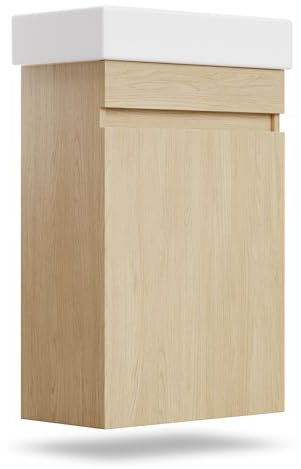 blumfeldt Johnstone Mueble de Baño con Lavabo - Acabado Madera Natural, Lavamanos Cerámico, Cierre Suave, Resistente a Humedad, Amplio Almacenamiento - Fácil de Instalar