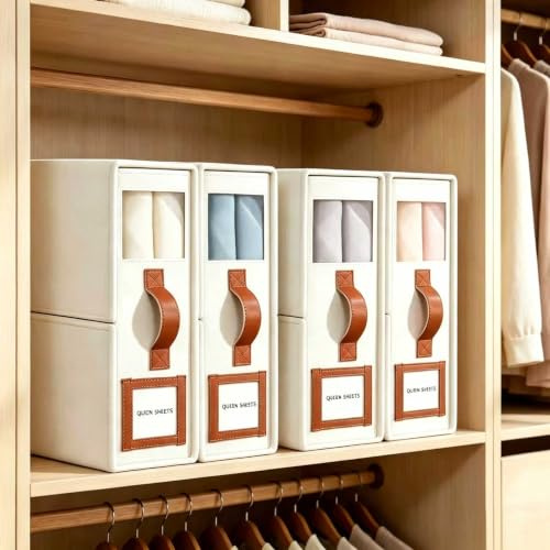 GhvyenntteS Bettlaken-Organizer und Aufbewahrung, 4 Stück (Queen-Size- und King-Size-Größe), faltbarer Bettlaken-Organizer mit Fenster und Etikett, Bettlakenaufbewahrung mit Ledergriff, Beige