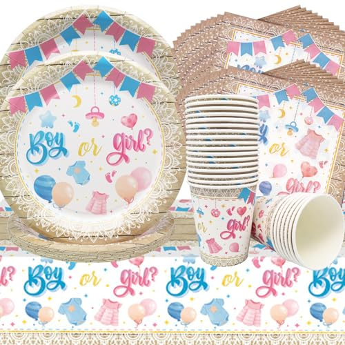 Doyomtoy Babyparty Geschirr, 61 Stück für Kinder Geburtstag Babyparty Deko Gender Reveal Party-Geschirr Teller,Tassen,Papierhandtücher,Tischtücher,Baby Shower Deko für 20 Gäste (Boy or Girl)