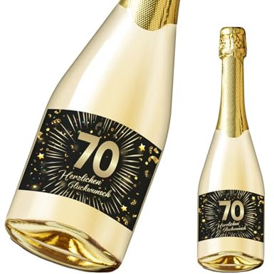 Friendly Fox Flaschenetikett zum 70. Geburtstag, 2x selbstklebende Flaschen Aufkleber zum Geburtstag, Happy Birthday Etikett mit Goldfolie veredelt