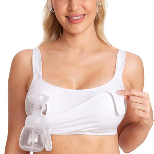 MOMANDA Women's Velcro Pumping Bra Hands Free Nursing Bras Wireless Maternity Bra for Breastfeeding White M