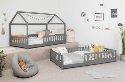 TiCAA 2 in 1 Bodenbett wandelbar mit abnehmbaren Dach 90x200 cm, 100x200 cm, 120x200 cm, 140x200 für Jungen & Mädchen, inkl. Rolllattenrost, Rausfallschutz variabel, weiß aus Kiefer Massivholz