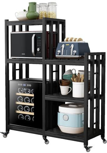 6-Tier Kitchen Bakers Rack, Multifunctional Storage Shelf, Mini Fridge & Microwave Oven Stand Table, Coffee Bar, Adjustable Kitchen Shelves Freestadning (Charcoal Black Wood Grain Print with wheels)