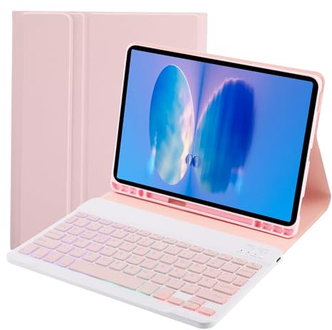 SUEEWE Tastatur Hülle für Samsung Galaxy Tab S9 FE+ Plus/S10+ Plus/S9+ Plus 12,4, TPU Rückseite Hülle mit 3 Bereich 7 Farbe Beleuchtete Abnehmbarer QWERTZ Tastatur, Rosa